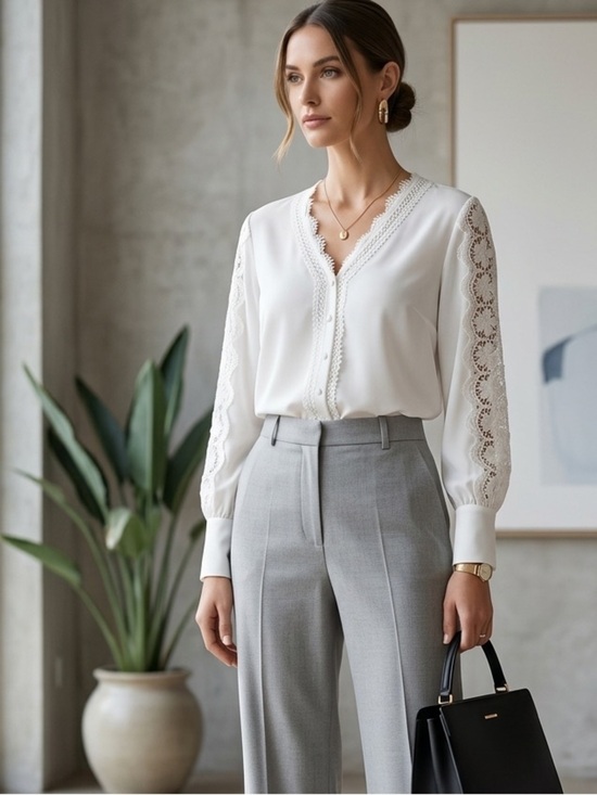 chic Tops - chic White Lace-Trim V-Neck Blouse